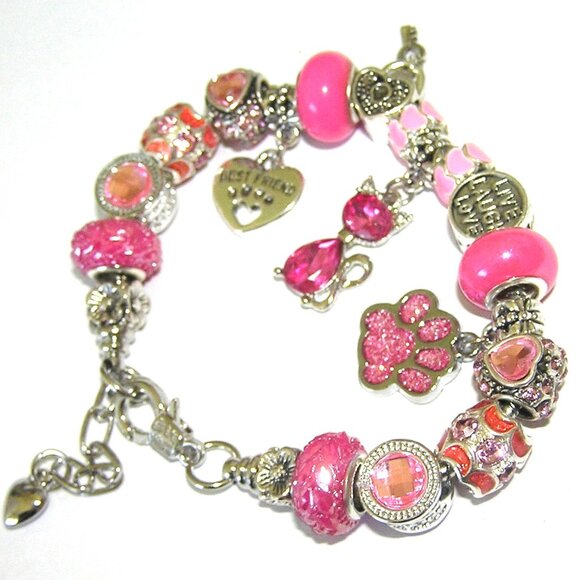 Cat Bracelet With Sparkling Pink Crystal European Beads & Charms, Cat Lover, NEW - Picture 4 of 5